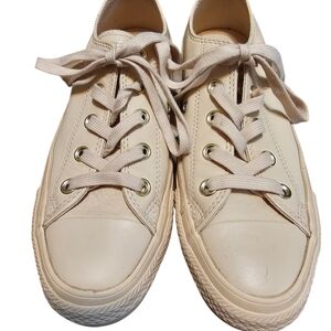 Converse All Star Beige Leather Low-Top Lace-Up Sneakers, Sz 6